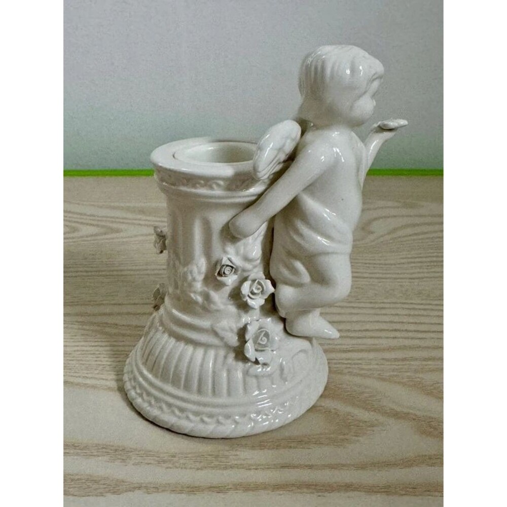 White Ceramic Cherub and Rose Pillar Candle Holder